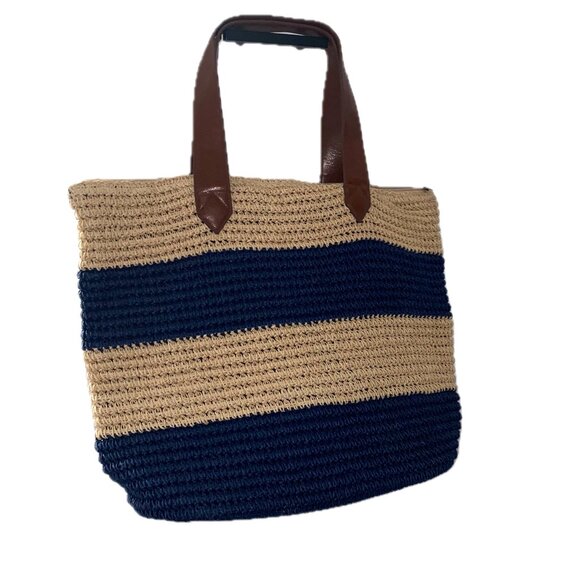 SunNSand Woven Jute Beach Tote Bag Zip Top Navy Tan Stripe 18wx14.5hx6.5"d EUC - Picture 2 of 9